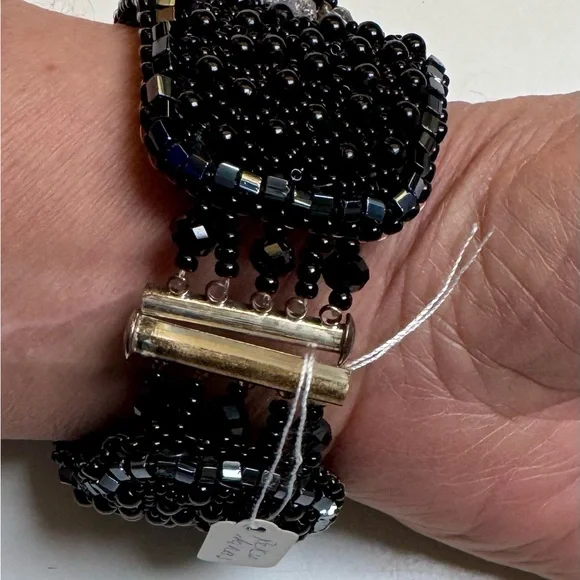 Artisan Vintage Genuine Agate~Obsidian Black Onyx Jet Bead cuff~Leather lined